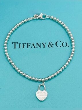 Rare Tiffany & Co Mini Heart Padlock Bead Bracelet Sterling Silver Retired Sz 7”